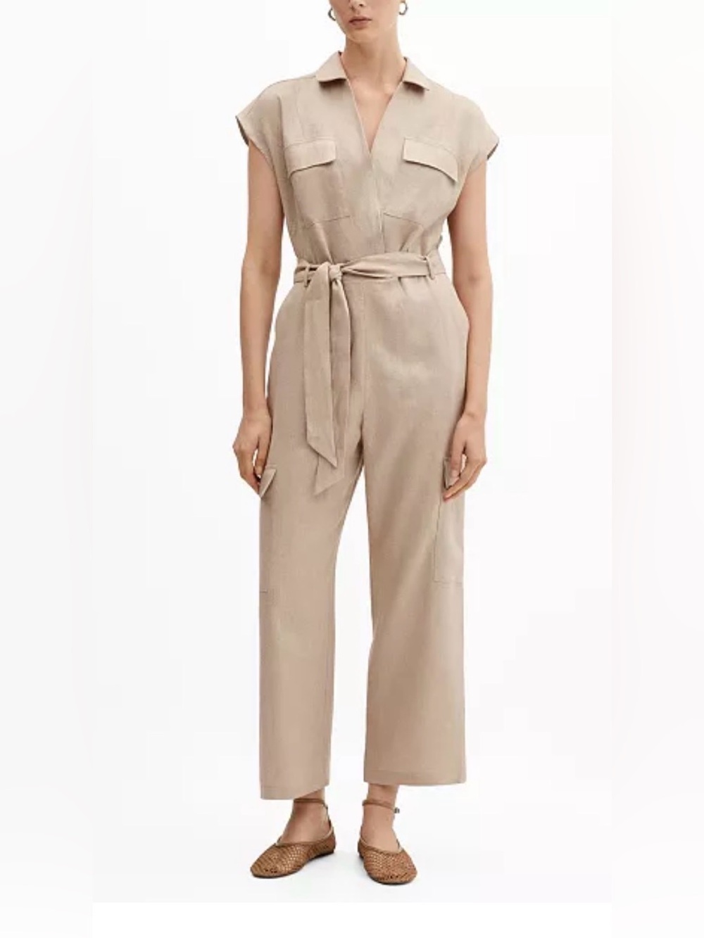 Mango Beige Utility Belted Jumpsuit